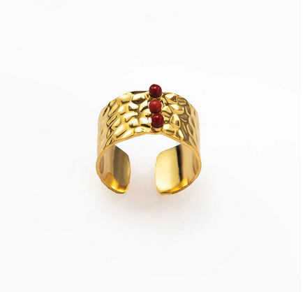 Bague large « LULLY » acier/pierres tons rouges 22€