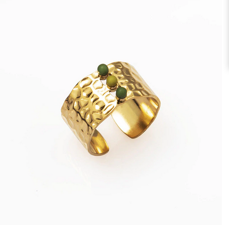 Bague large « LULLY » acier/pierres tons verts 22€